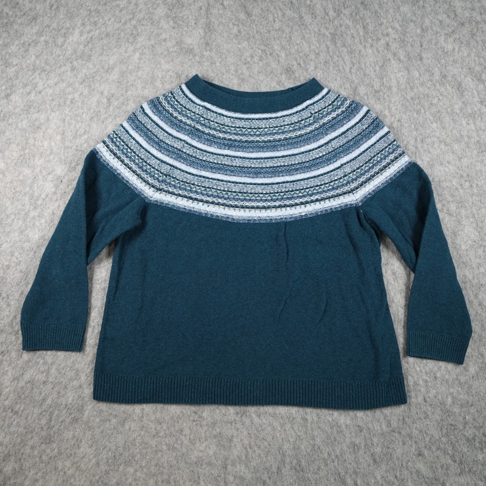 J Jill Sweater Womens Large Teal Blue Fair Isle Nordic Knit Cotton Blend Holiday